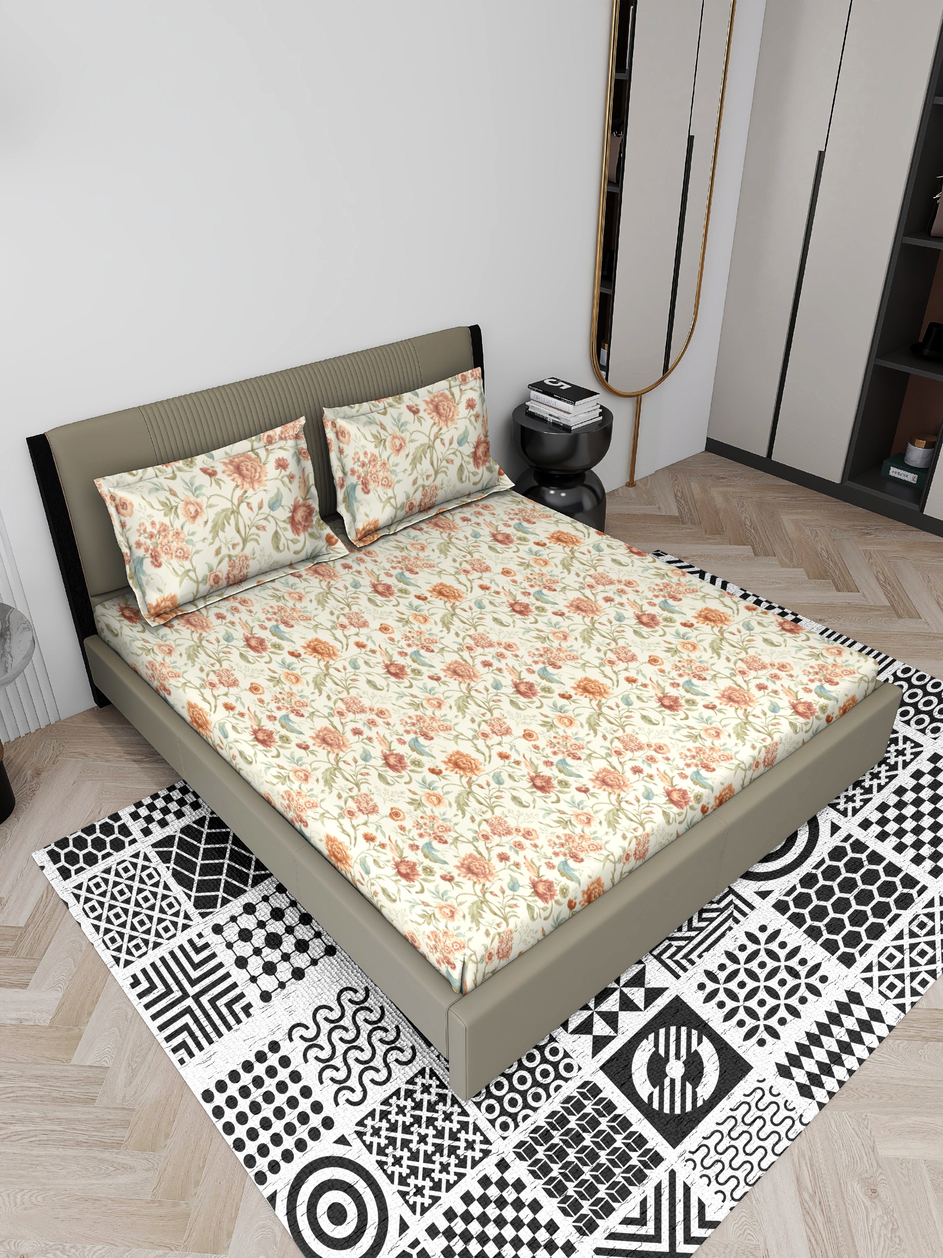 Ivory Floral Queen Bedsheet Set - Super-Soft