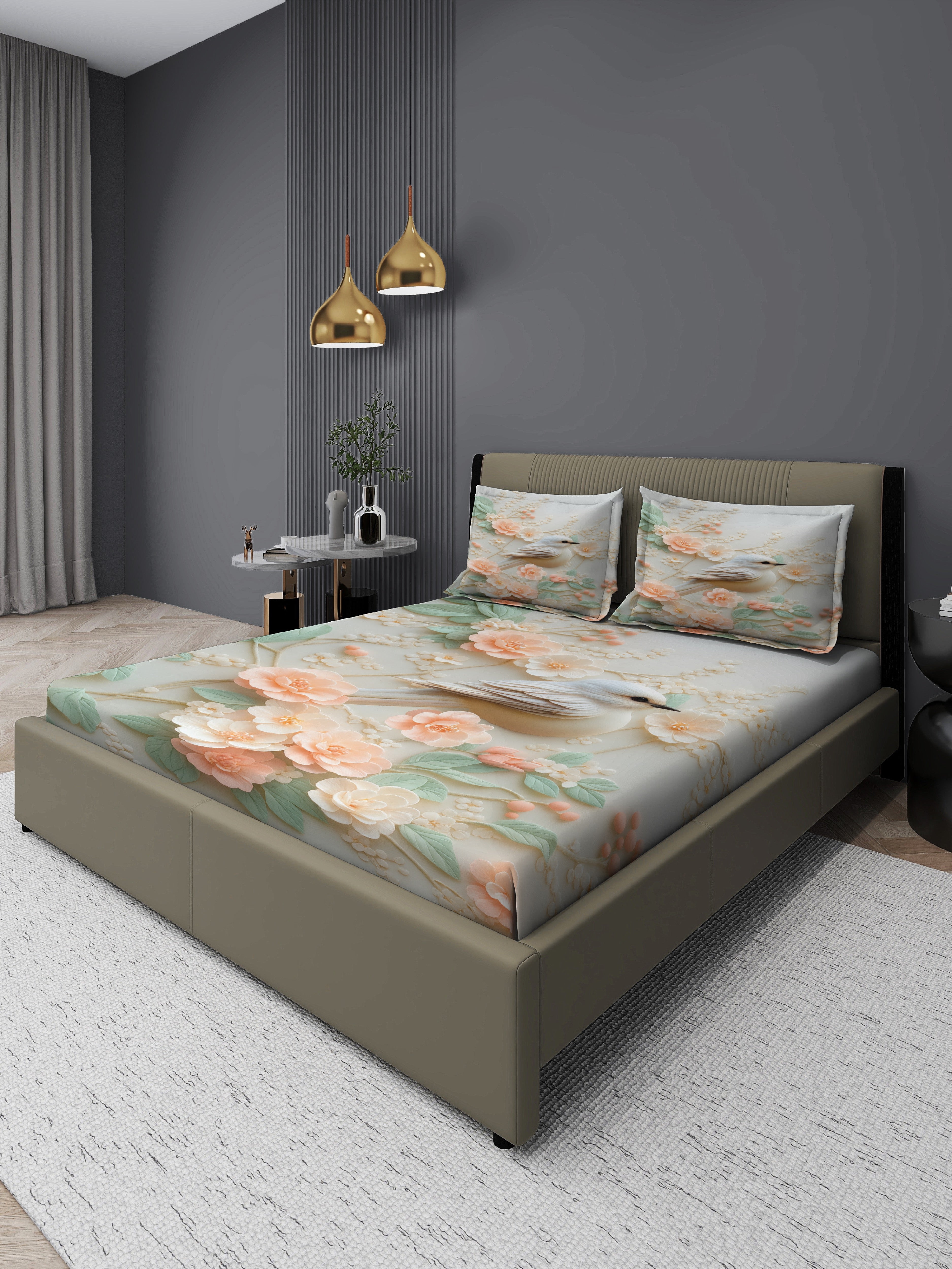 Humming Bird King Size Bedsheet with 2 Pillow Covers