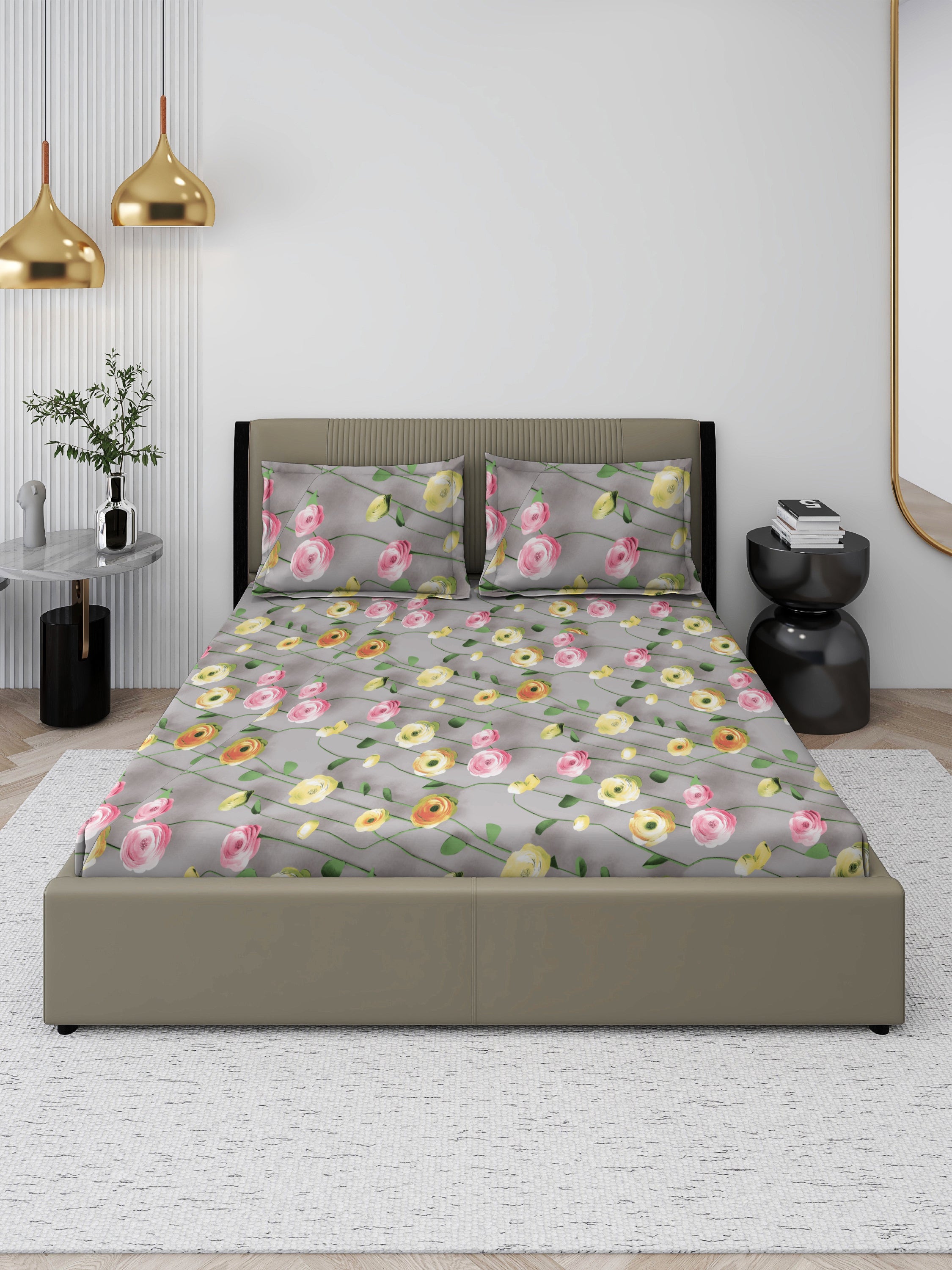 7D Floral Misty Grey Bedsheet Set