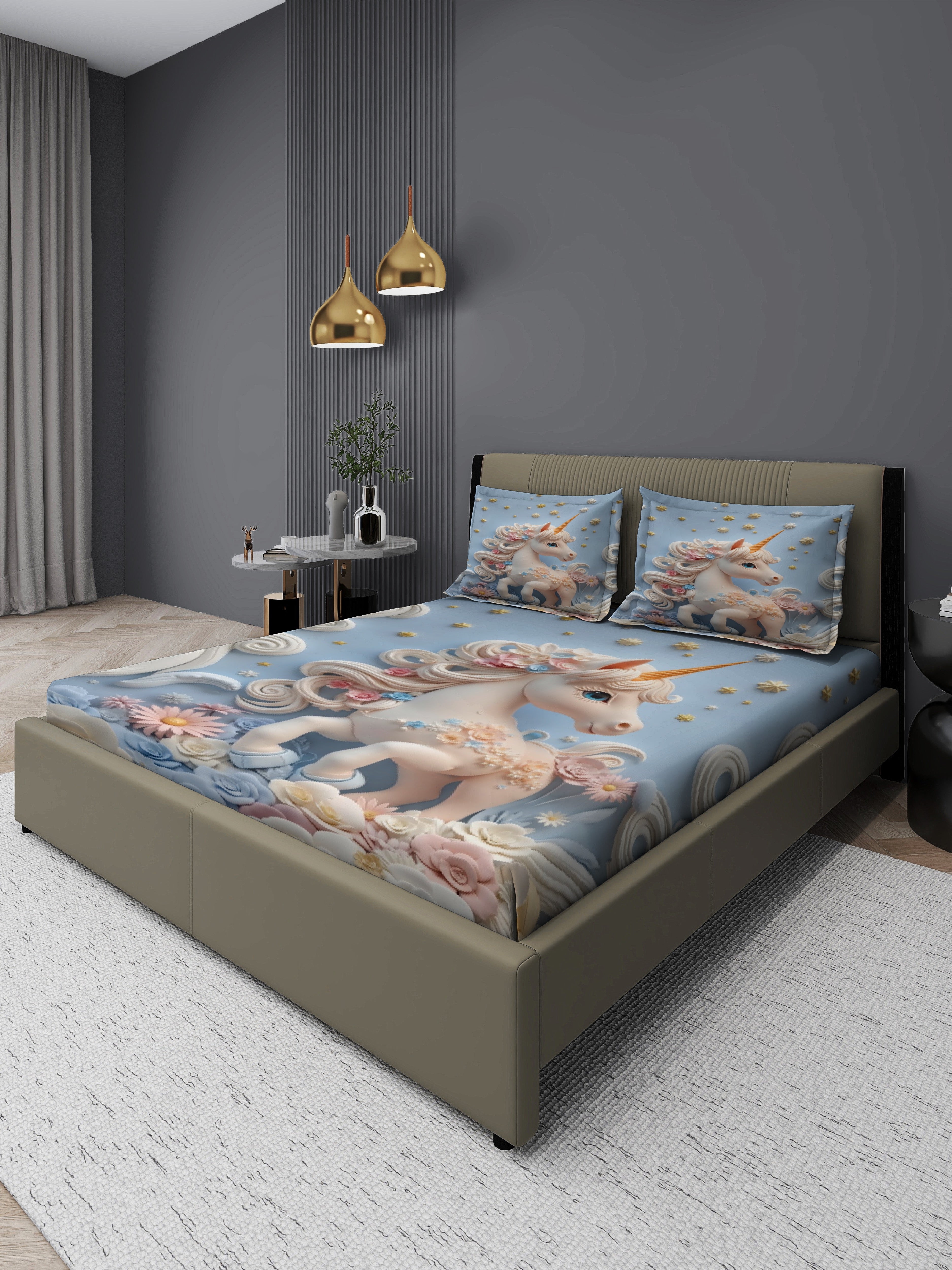 Unicorn King Size Bedsheet with 2 Pillow Covers
