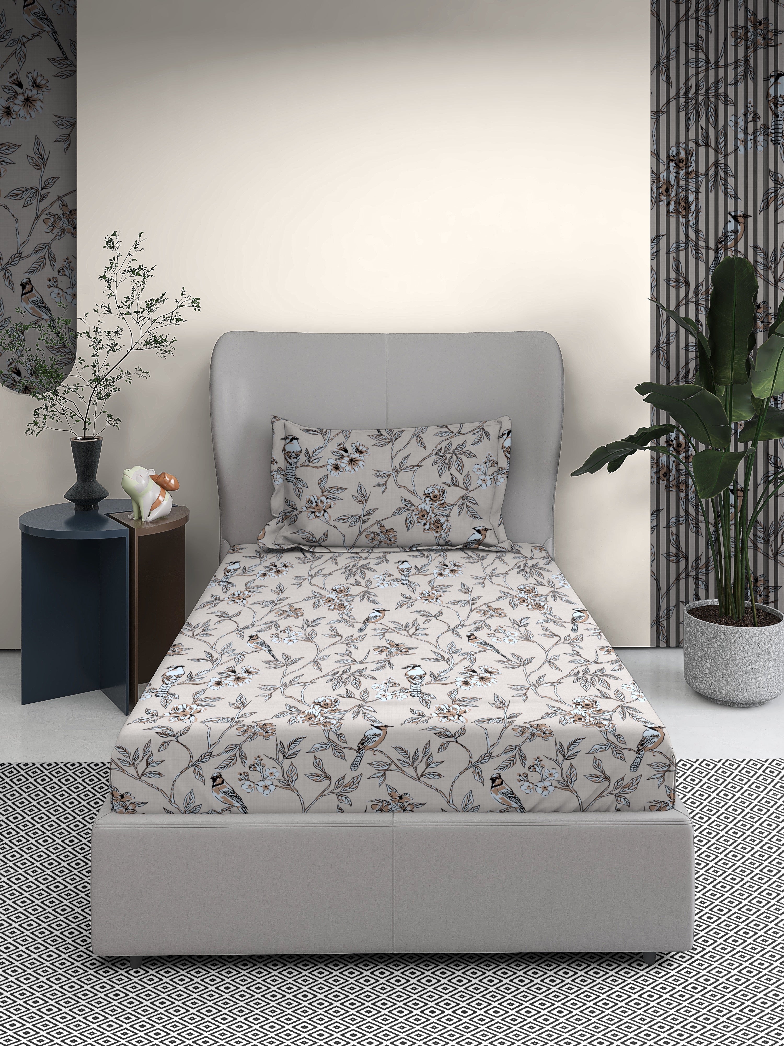 Floral Cotton Single Bed Sheet with Matching Pillow Cover