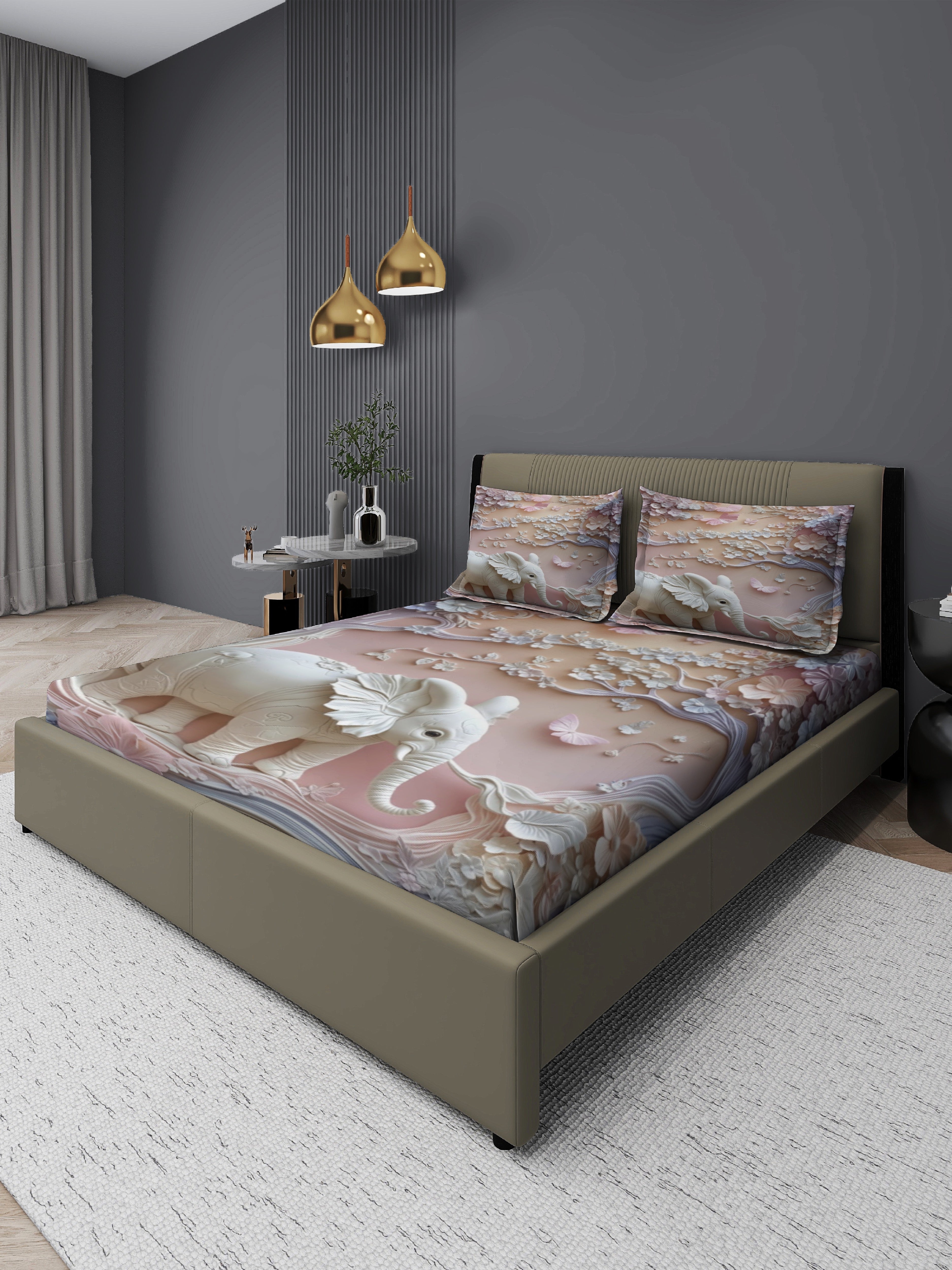Elephant Fairy Tale King Size Bedsheet with 2 Pillow Covers
