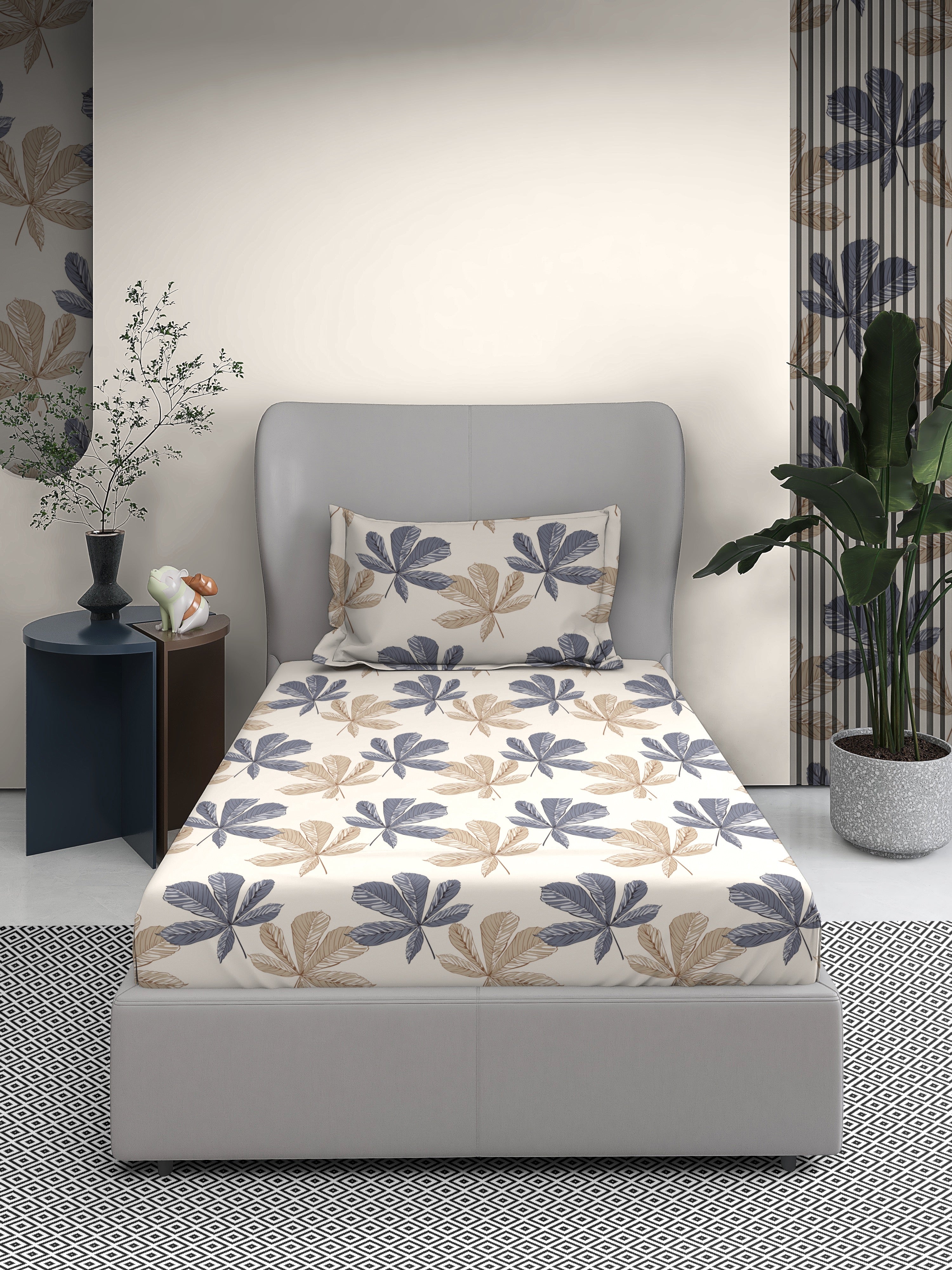 Botanical Print Cotton Single Bed Sheet with Matching Pillow Cover