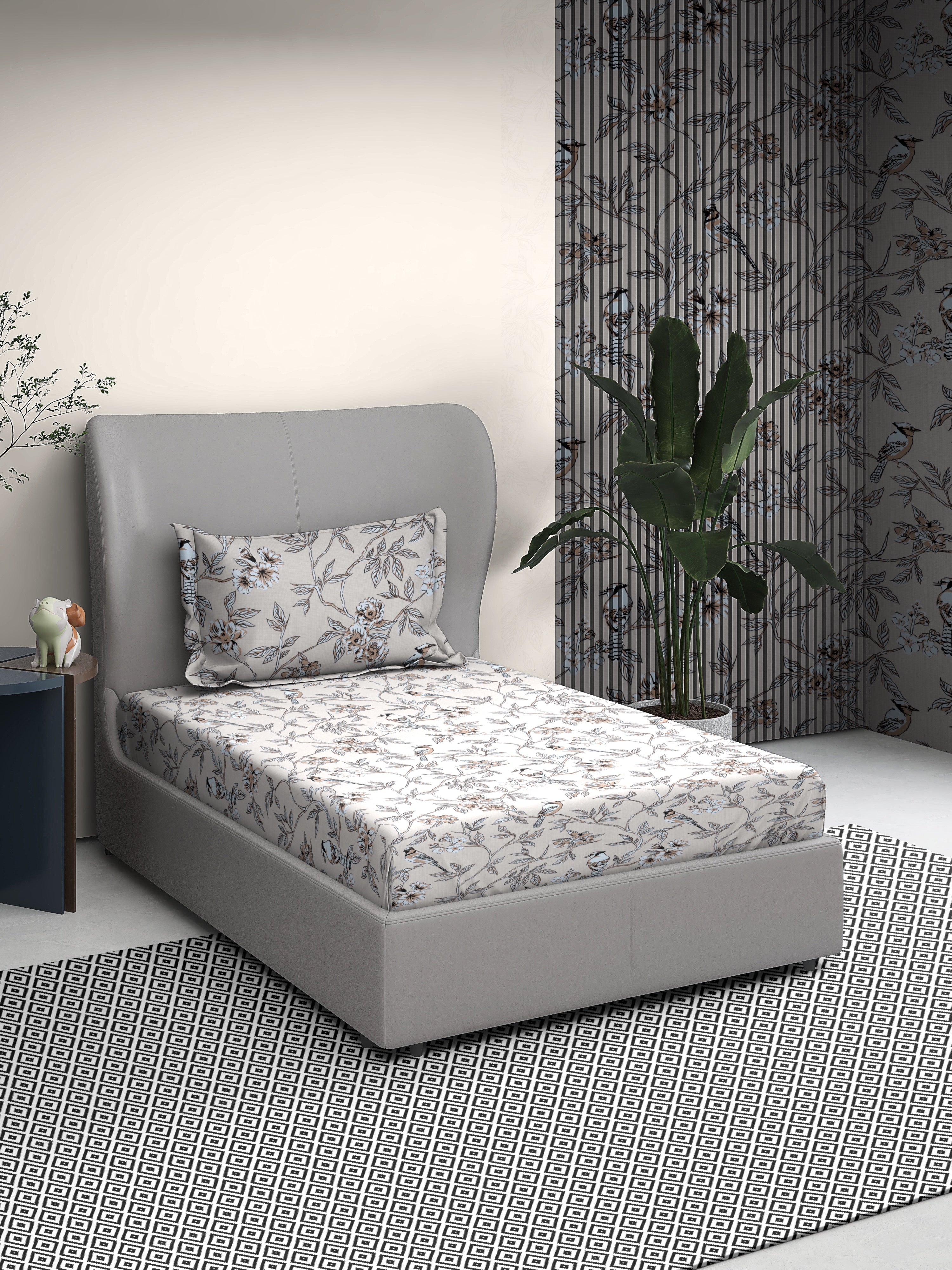 Floral Cotton Single Bed Sheet with Matching Pillow Cover