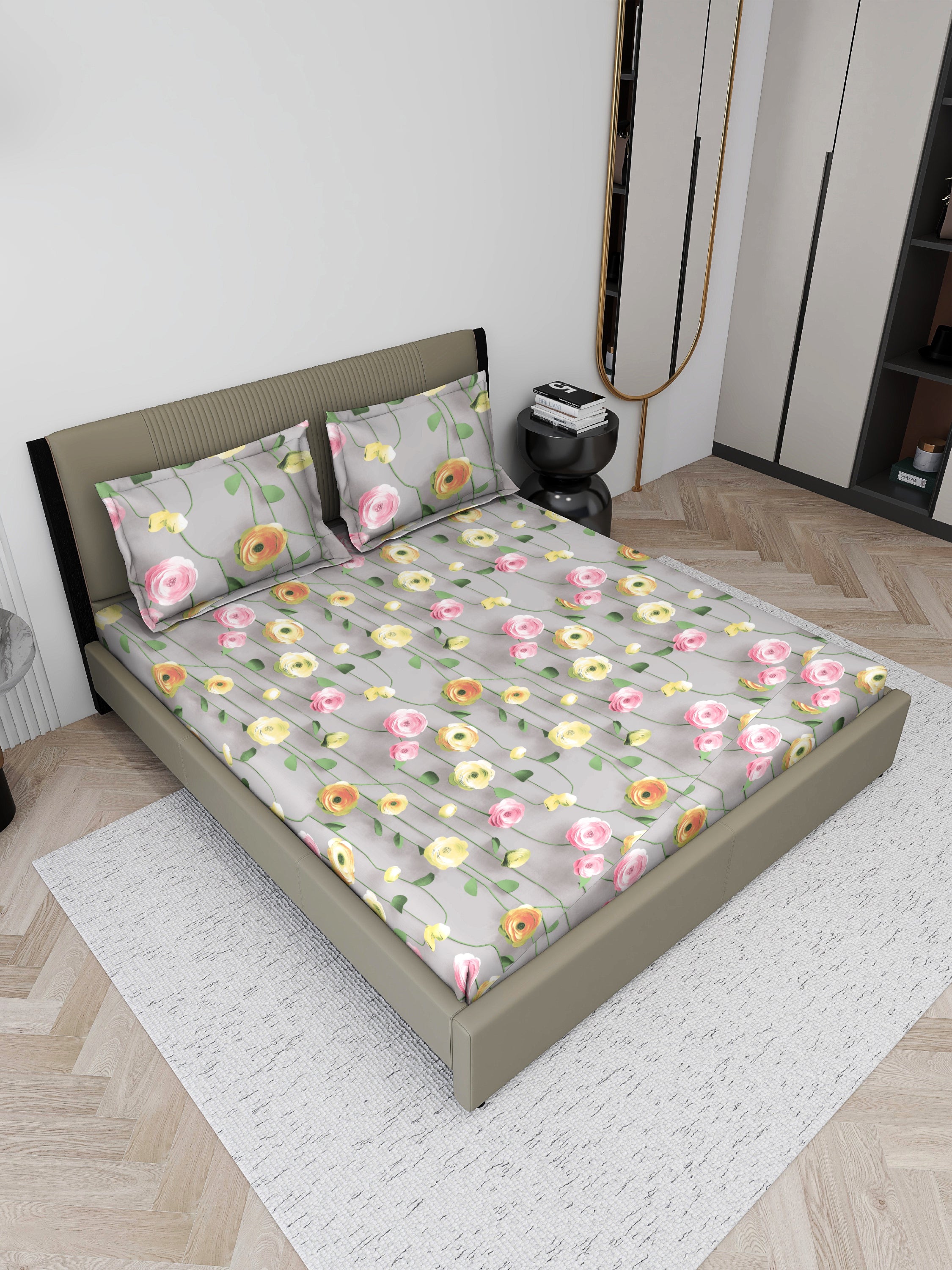 7D Floral Misty Grey Bedsheet Set