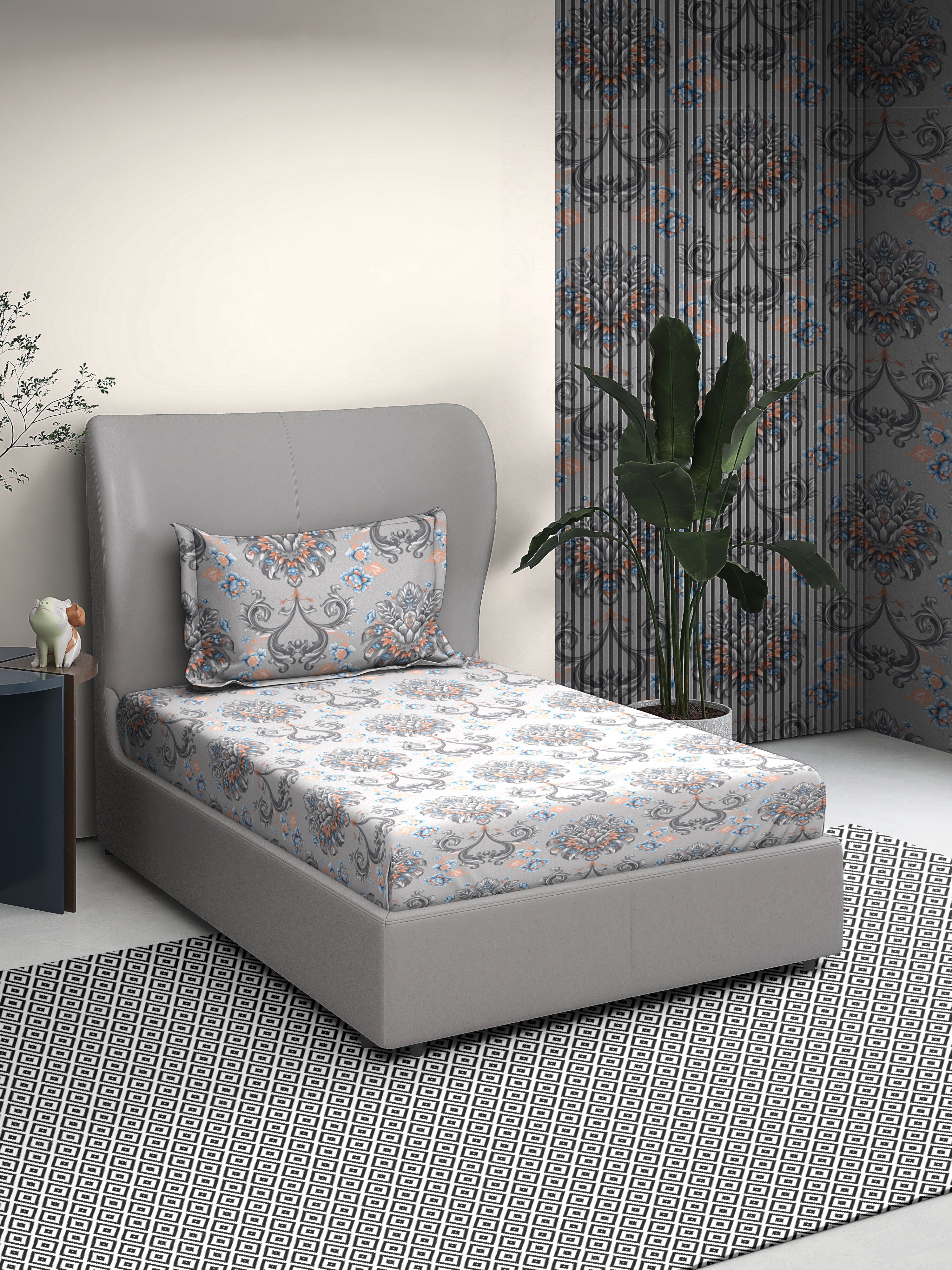 Damask Cotton Single Bed Sheet with Matching Pillow Cover