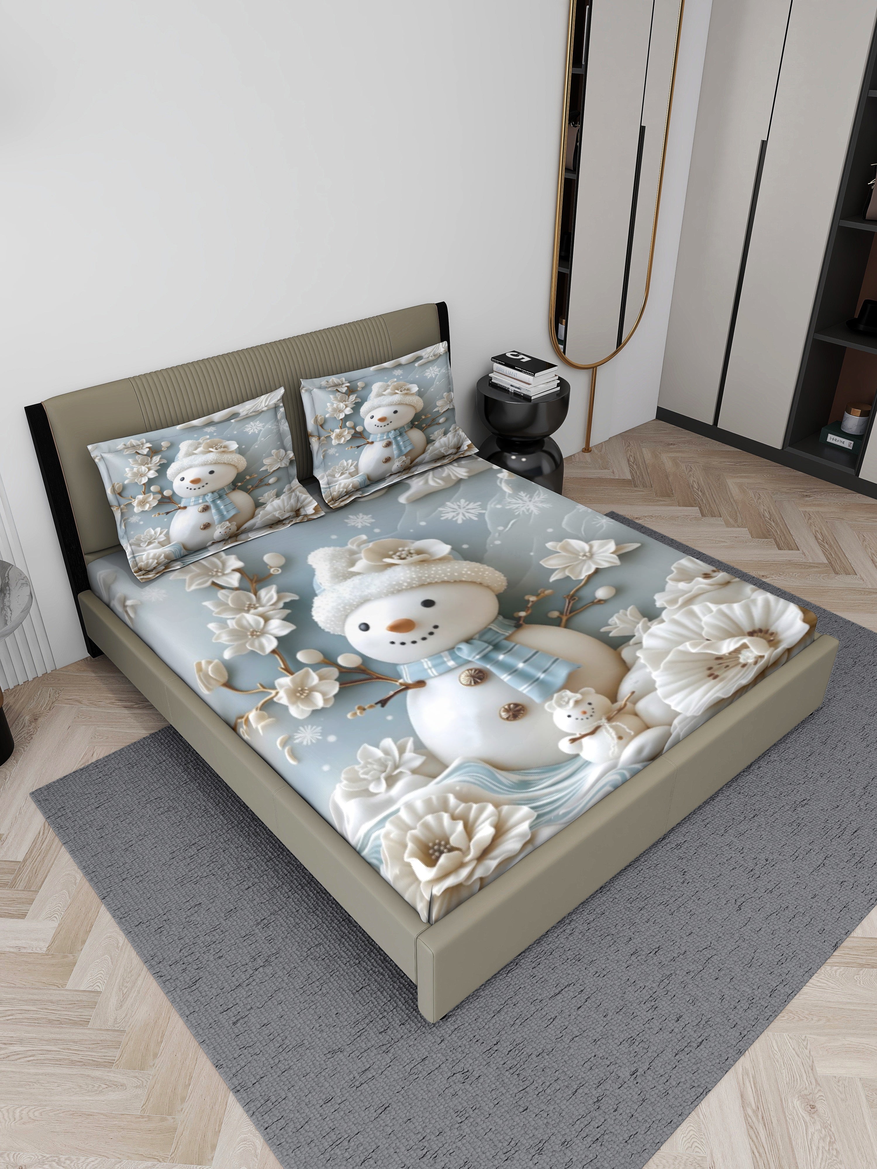 Snowman Fairy Tale King Size Bedsheet with 2 Pillow Covers
