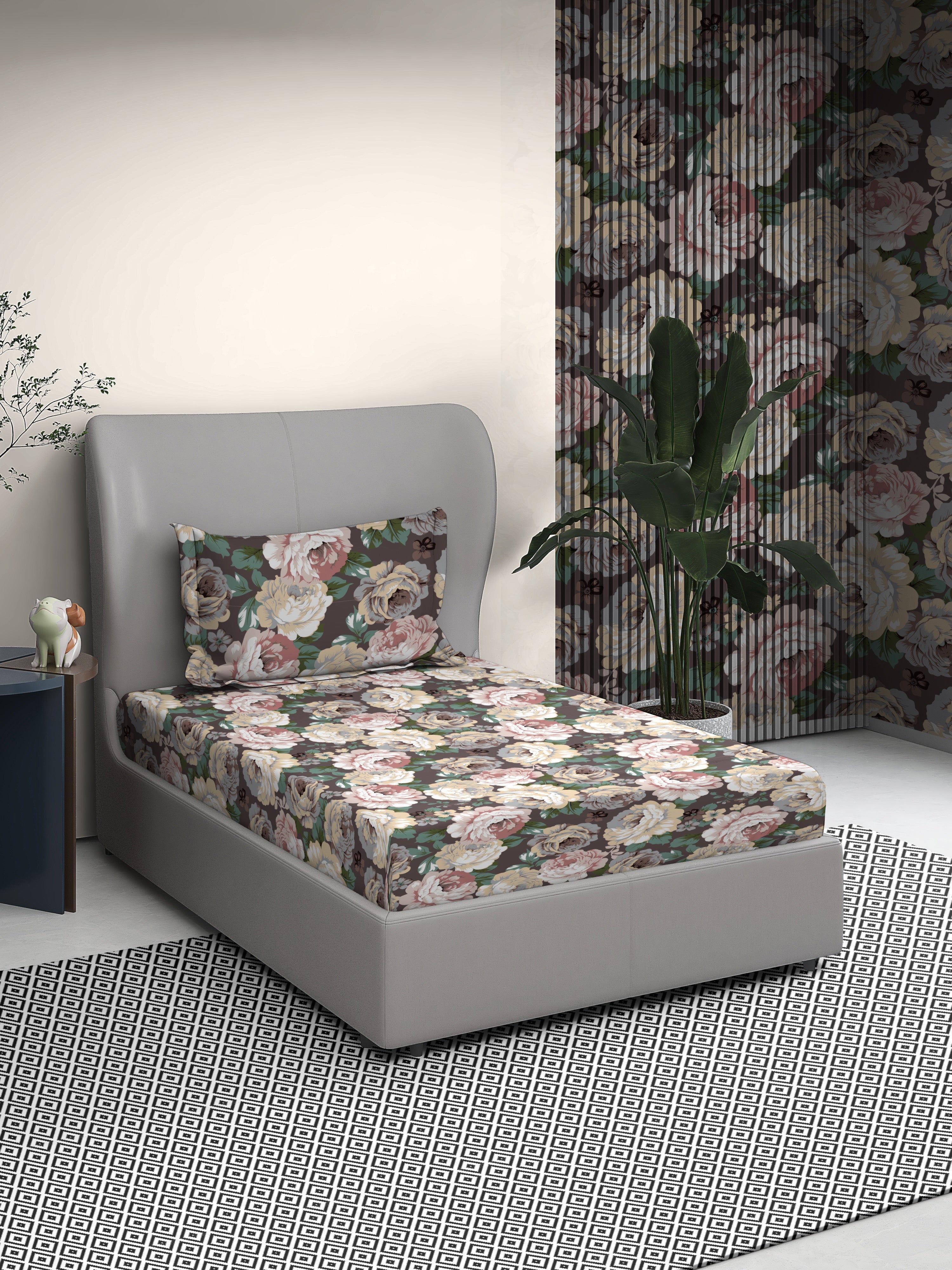 Floral Cotton Single Bed Sheet with Matching Pillow Cover