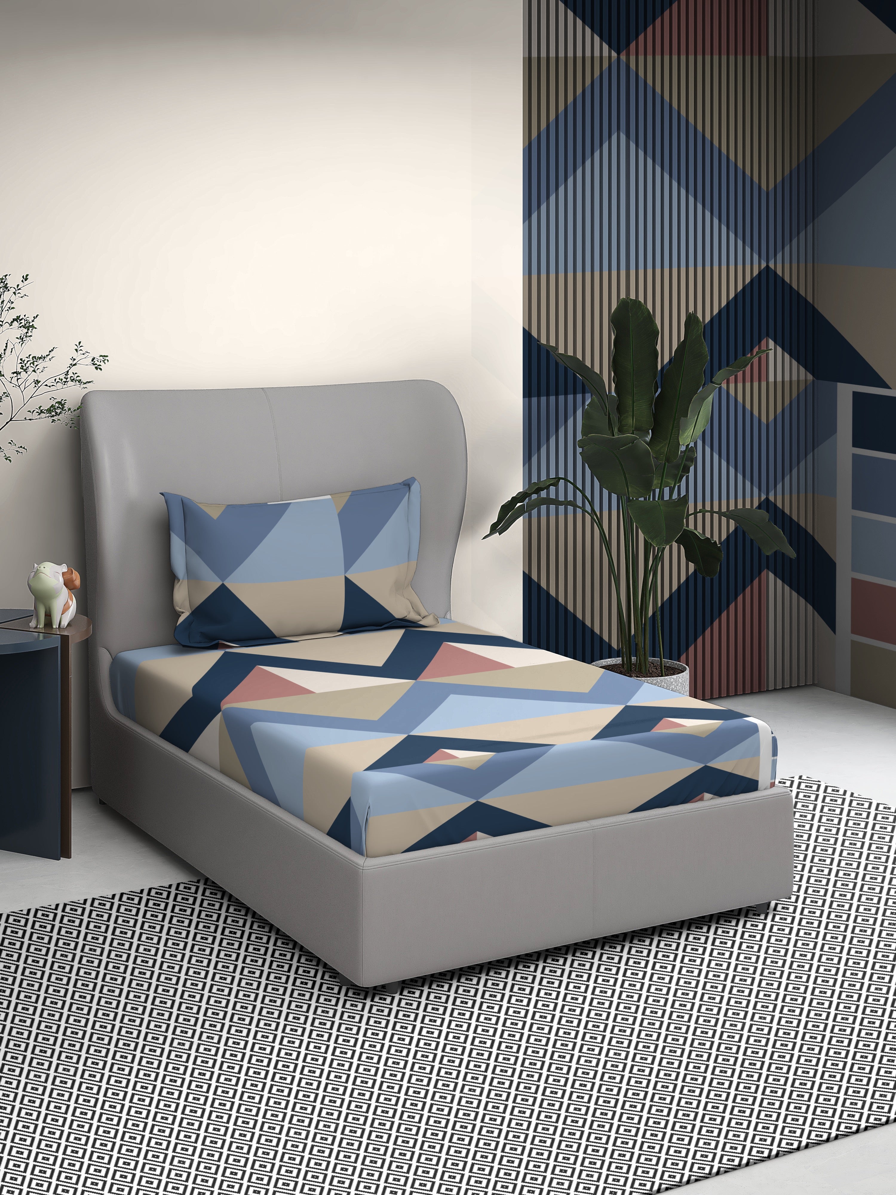 Geometric Cotton Single Bed Sheet with Matching Pillow Cover