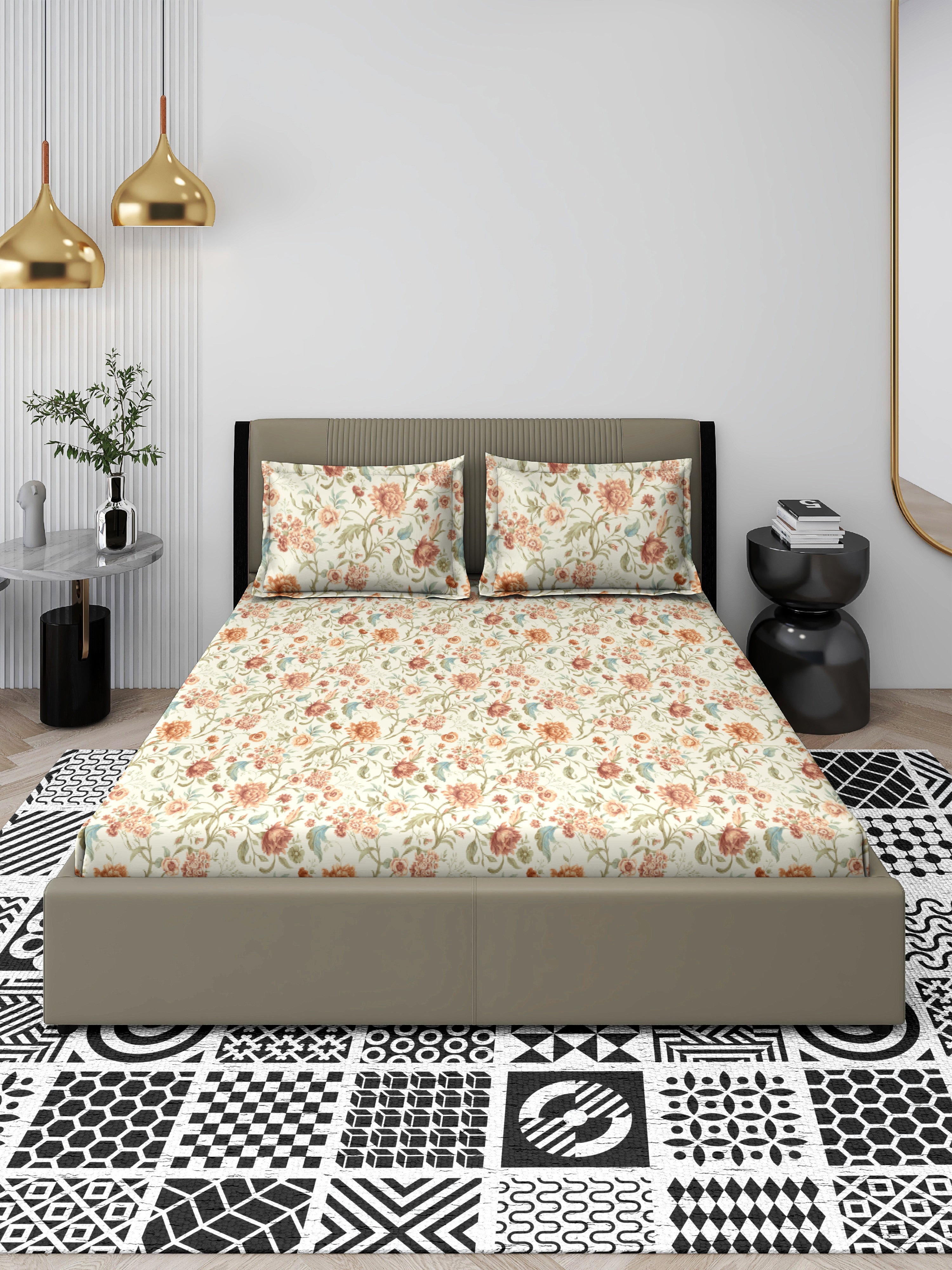 Ivory Floral Queen Bedsheet Set - Super-Soft