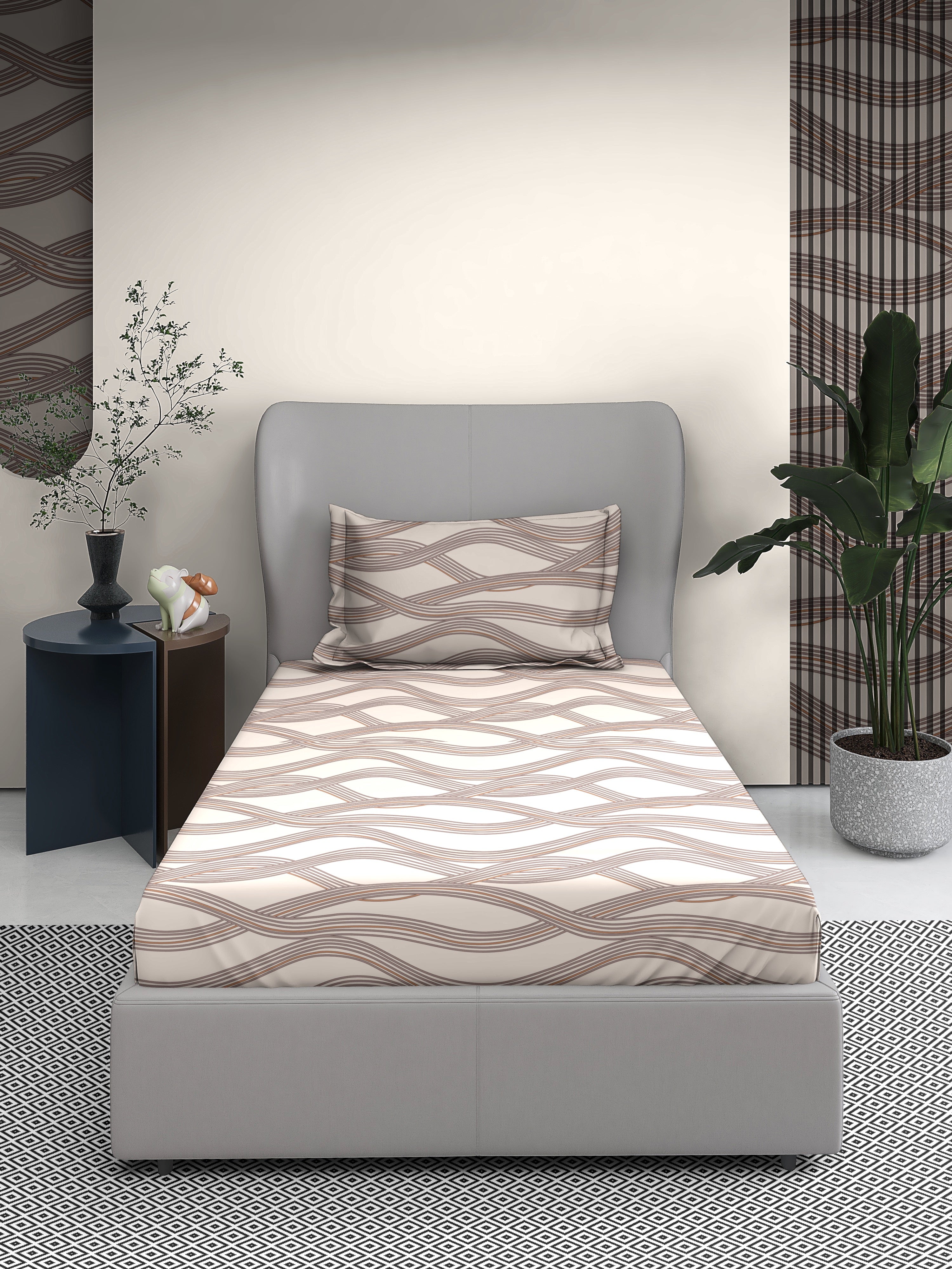 Abstract Stripe Cotton Single Bed Sheet with Matching Pillow Cover