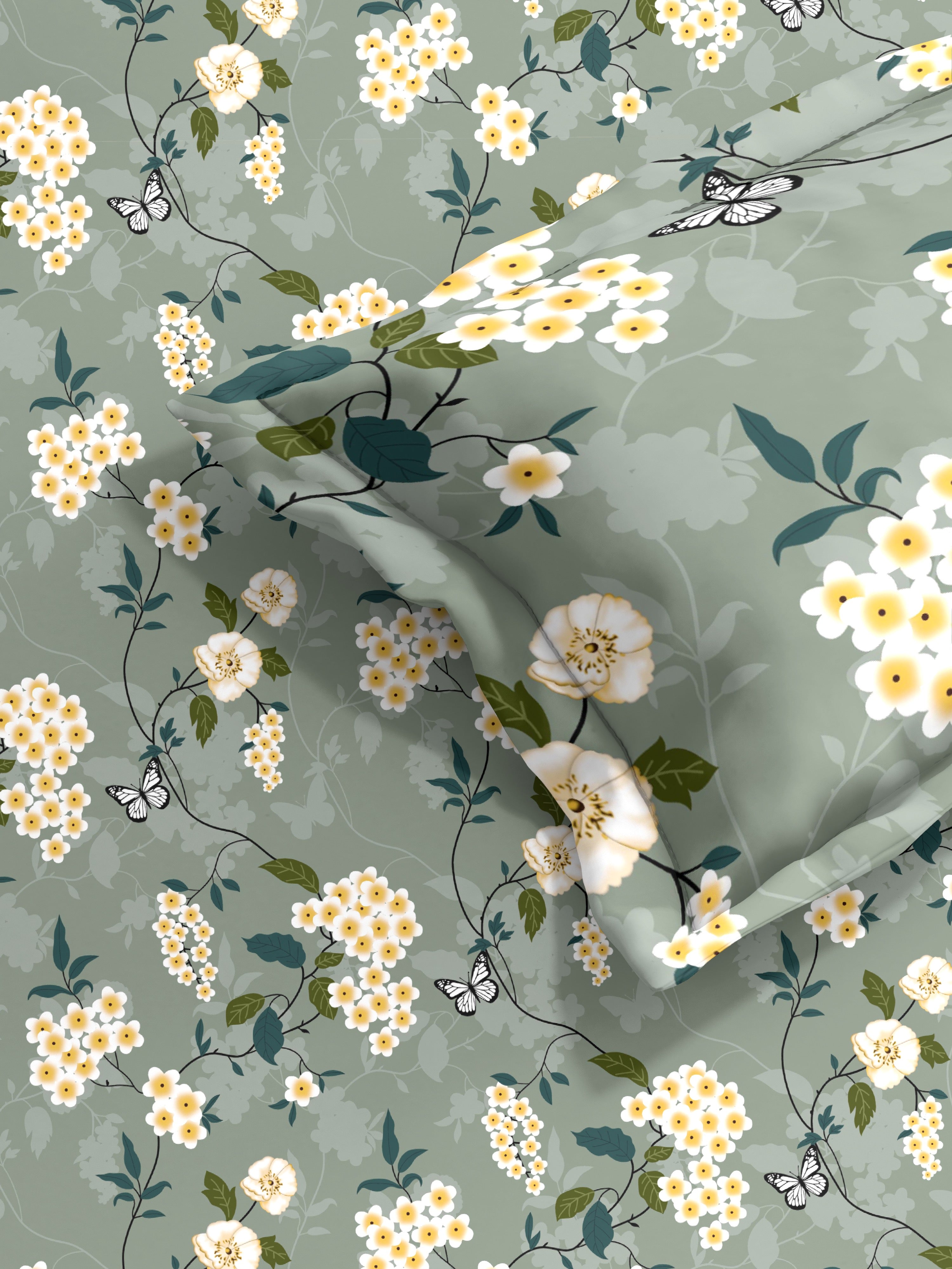 Emerald Floral Cotton Single Bed Sheet with Matching Pillow Cover