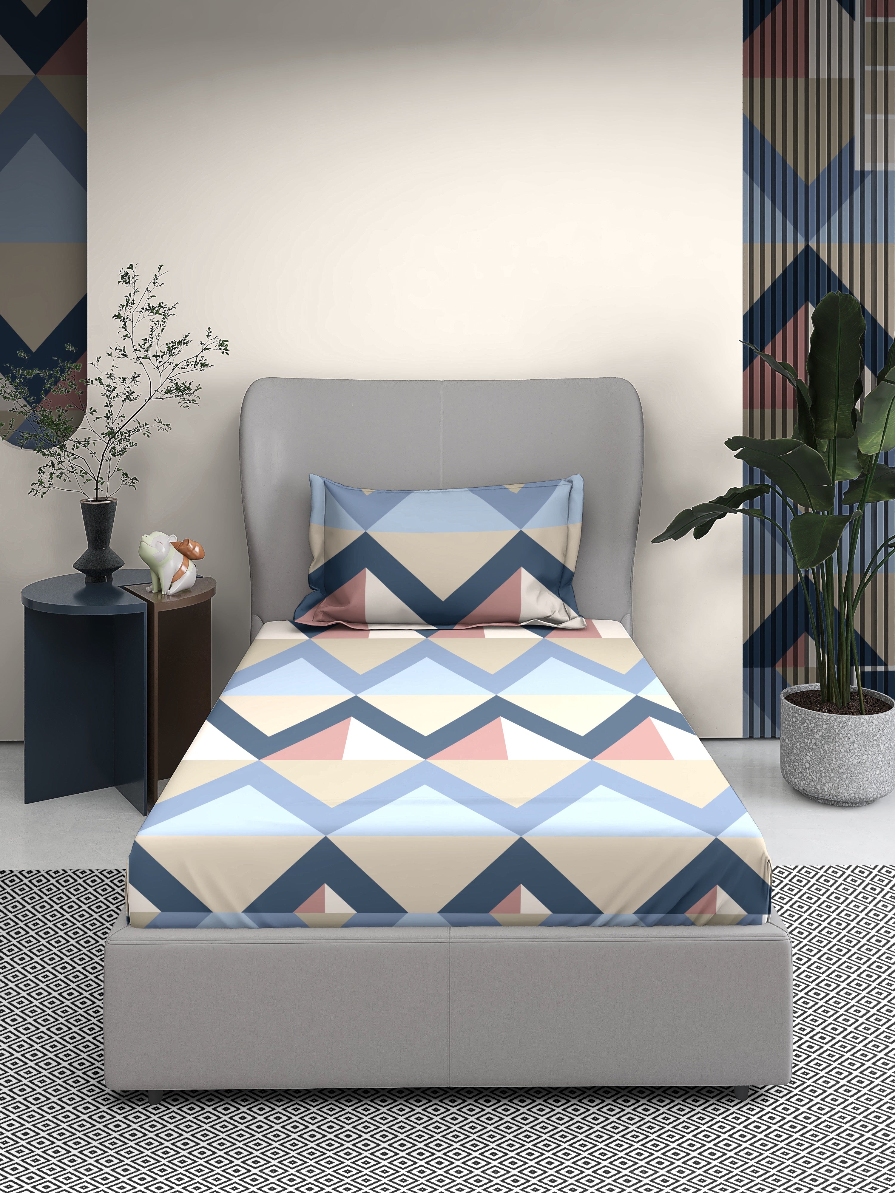 Geometric Cotton Single Bed Sheet with Matching Pillow Cover