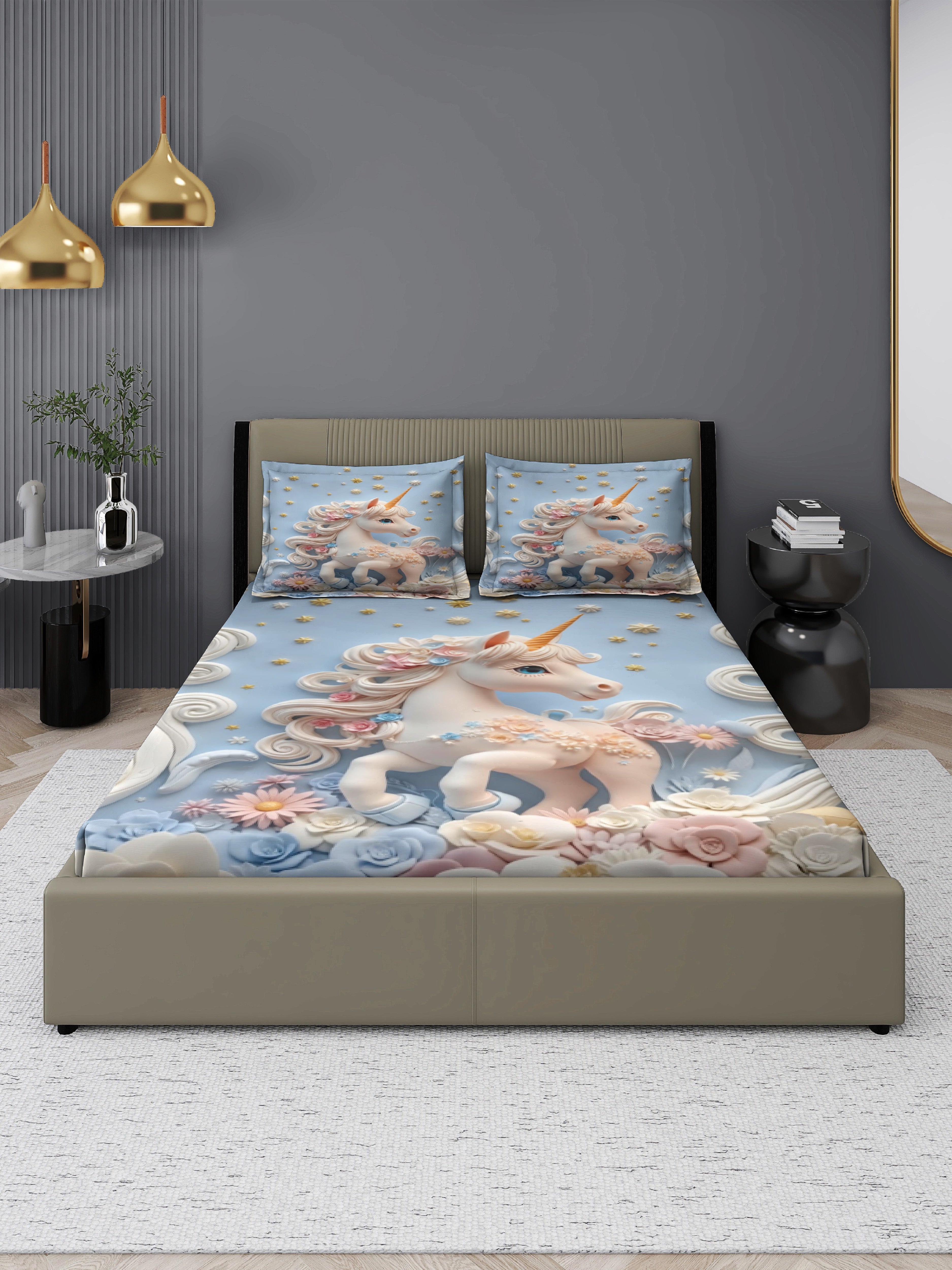 Unicorn King Size Bedsheet with 2 Pillow Covers